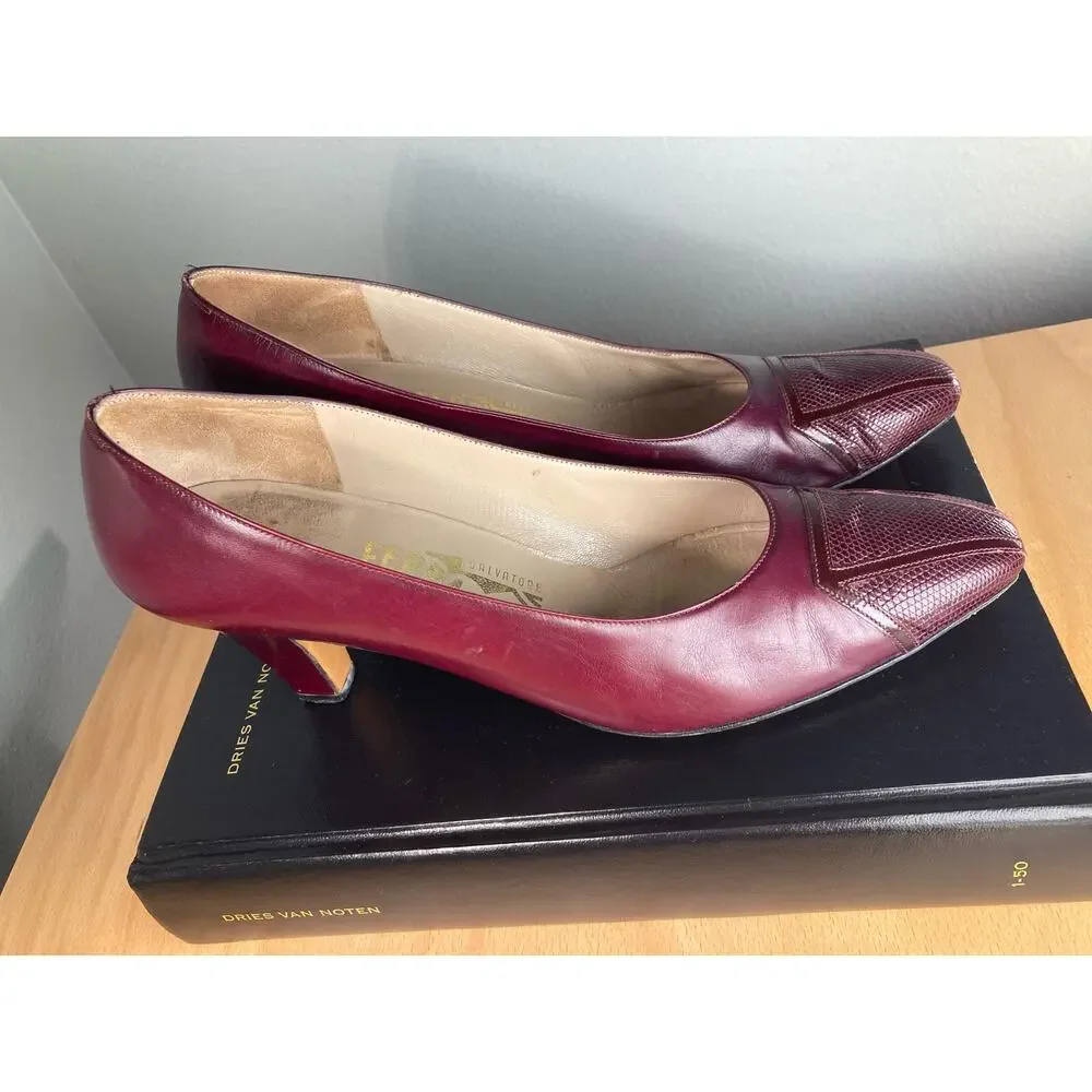 Ferragamo Vintage Snakeskin & Leather Burgundy Pumps Heels Sz 9.5 AAAA Narrow - Picture 3 of 10
